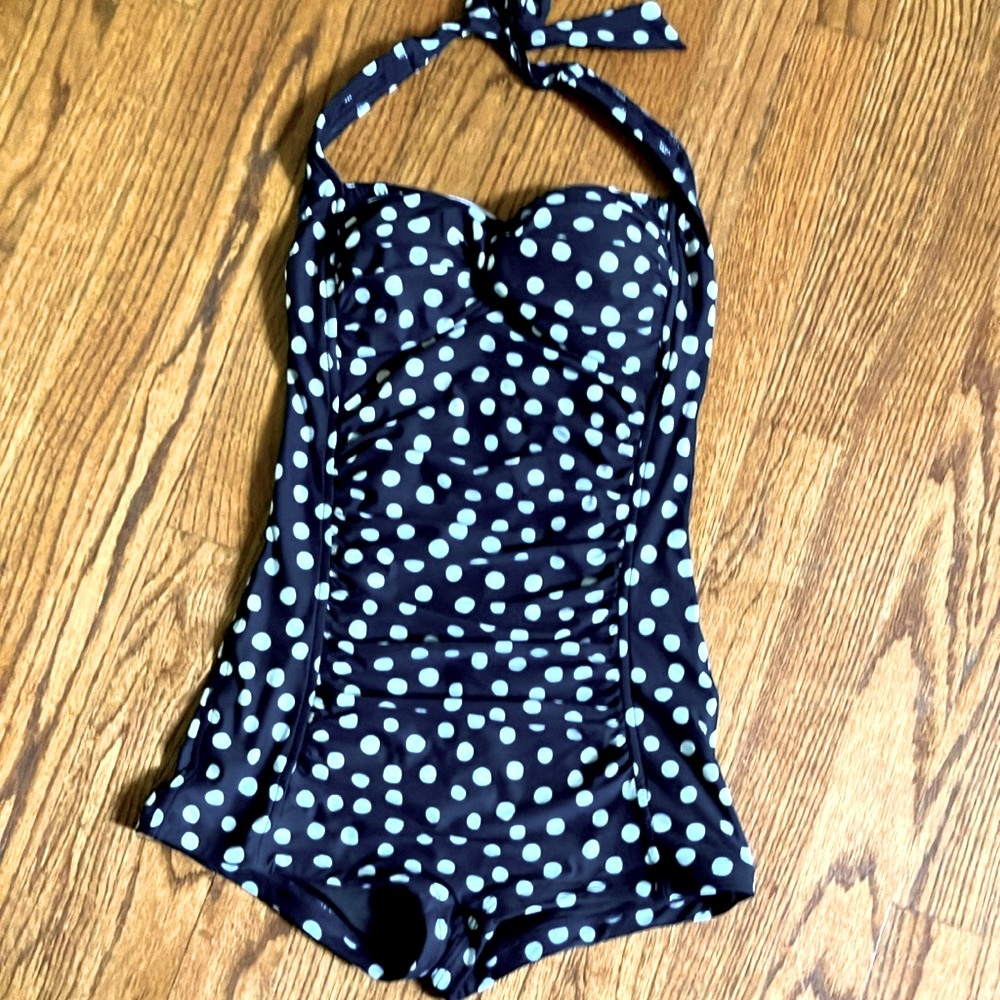 Navy Polka Dot Halter Swimsuit. Boy short Seafolly for Anthropologie